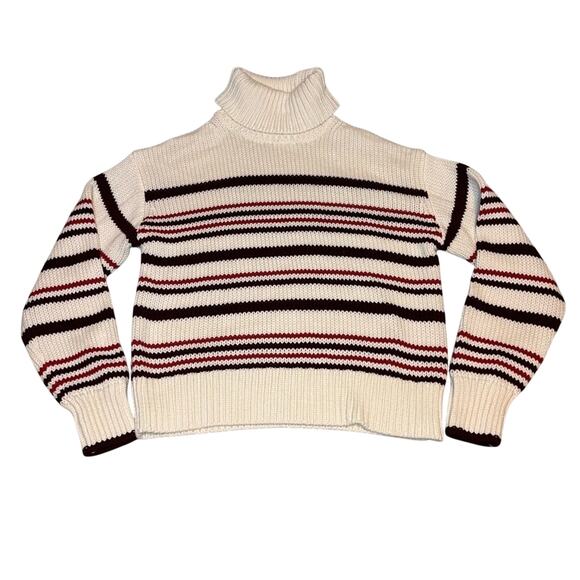 Madewell Red Cream Stripe Cotton Turtleneck Sweater L Cozy Fall Winter NWT - Picture 5 of 9